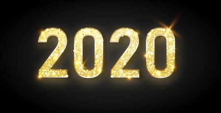 Happy New Year 2020 - New Year Shining background with gold clock and glitter.