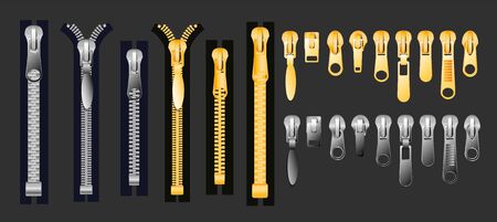 zipper Set of gold and silver metallic closed and open zippers and pullers realistic set isolated on black background vector illustrationのイラスト素材