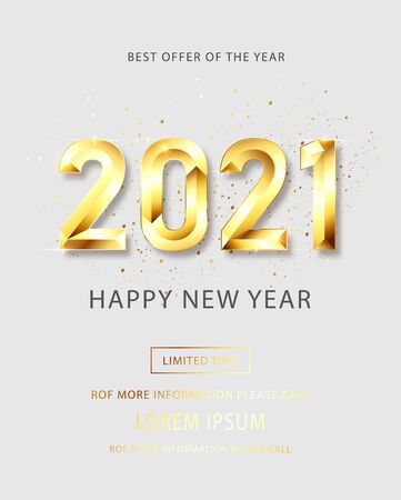 Happy New 2021 Year. Holiday vector illustration of golden metallic numbers 2021. Realistic 3d sign. Festive poster or banner design. Vector illusrationのイラスト素材
