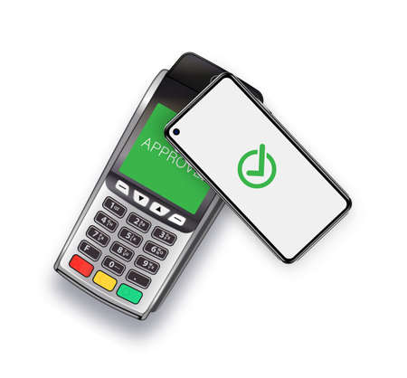 Contactless payment for goods. Payment for purchases with a mobile phone. Payment terminal and...