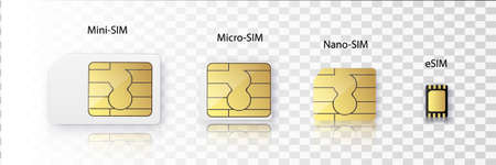 SIM card. Smart cellular wireless communication gsm chip, electronics and telecommunication microchip design on white. Classification and types of SIM cardのイラスト素材