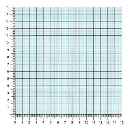 Vector illustration of corner rulers from isolated on white background. Blue plotting graph paper grid. Vertical and horizontal measuring scales. Millimeter graph paper grid templateのイラスト素材