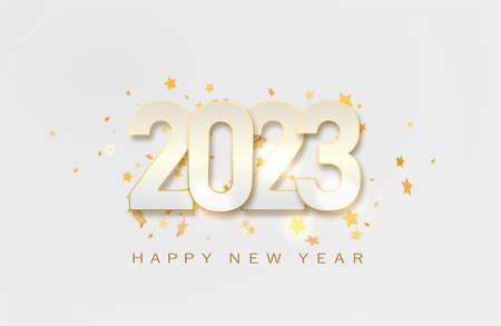 Happy New 2023 Year. Christmas vector illustration of metallic numbers 2023 and sparkling golden...