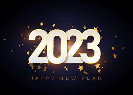 Happy New Year 2023. Festive design with Christmas decorations.