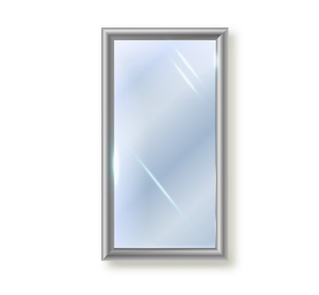 mirror is rectangular insulated. Realistic rectangular mirror frame, white mirrors template. Reflective glass surfaces isolated. Realistic 3D interior furniture designのイラスト素材