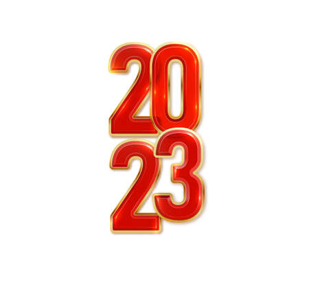 Happy New Year 2023. Festive vector illustration 2023 golden red transparent sparkling numbers....