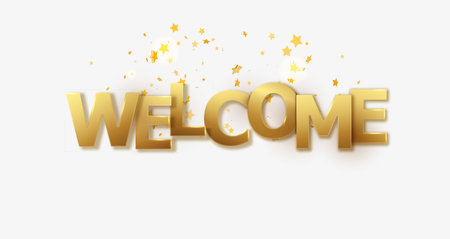 Welcome sign letters with confetti star background. Celebration greeting holiday illustration. Banner star confetti decorationのイラスト素材