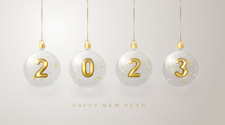 2023 Happy New Year. Golden metal number in glass bauble, 2023 decoration. Realistic 3d render...