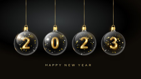 2023 Happy New Year. Golden metal number in glass bauble, 2023 decoration. Realistic 3d render...