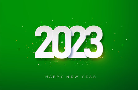 Happy New 2023 Year. Christmas green vector illustration of white numbers 2023 and sparkling golden...