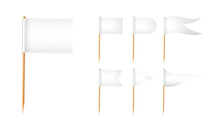 Toothpick flags. Wooden toothpicks with white paper flag. Location mark, map pointer. Vectorのイラスト素材