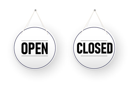 Closed and open white signboards hanged . Rectangular shape clipboard for retail, shop, store, cafe, bar, restaurant. Vectorのイラスト素材