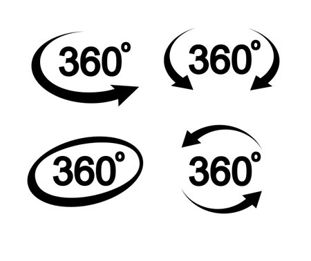 360 degrees view related sign set isolated on transparent background. Abstract concept graphic rotation arrows, panorama, virtual reality elementのイラスト素材
