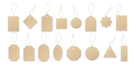 Realistic vector price tag. Cardboard label, paper sale tags mockup blank labels template shopping gift empty stickers with ropes tags vectorのイラスト素材