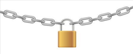 Padlock and chain. Gold metal chain and padlock, handcuffed card, vectorのイラスト素材