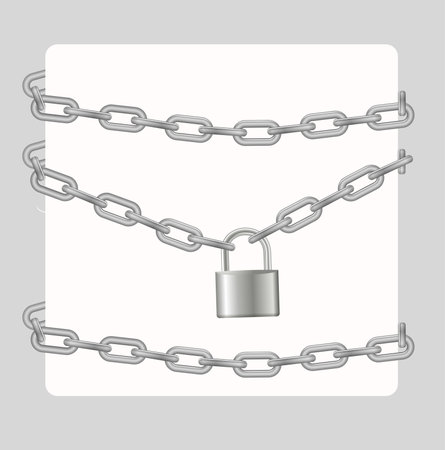 Padlock and chain. Gray metal chain and padlock, handcuffed card, vectorのイラスト素材