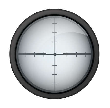 Realistic sniper sight. Sniper scope with measurement marks template. Sniper scope crosshairs view. Realistic vector optical sight.のイラスト素材