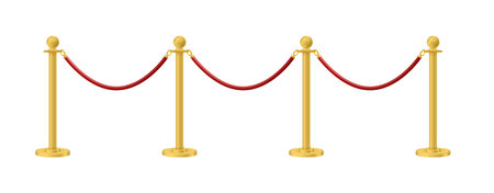 Retractable belt rack. Portable tape barrier. Red carpet with red ropes on golden stanchions. Exclusive event, movie premiere, gala, ceremony, awards concept. Vectorのイラスト素材