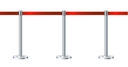 Retractable belt rack. Portable tape barrier. Red tape for fencing. Red carpet with red ropes on silver supports. Exclusive event, movie premiere, gala concert, awards ceremony.のイラスト素材