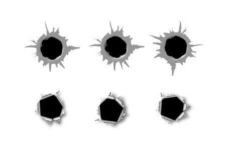 Ragged hole in metal from bullets on white transparent background. Vectorのイラスト素材