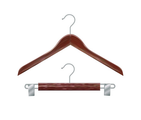 Set of wooden clothes hangers mahogany clothes hanger. Realistic vector clothes hanger wooden hanger closeup isolated on background. Design template, clipart or layout for graphics. Vectorのイラスト素材