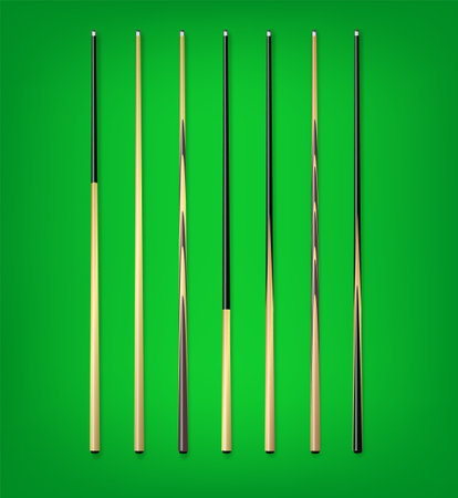 Billiard cues on green background. Snooker sports equipment. Vintage pool cue. Vectorのイラスト素材