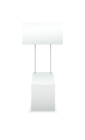 Advertising stands. Realistic modern simple, 3d promotional desk with sign top, clean empty promo tables with signboard white mockup. Vectorのイラスト素材