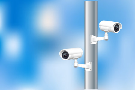 Close up of CCTV camera over defocused background. Security monitoring system for smart home, company. Vectorのイラスト素材