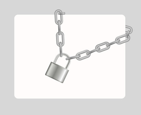 Padlock and chain. Gray metal chain and padlock, handcuffed card, vectorのイラスト素材