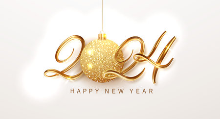 2024 golden numbers with gold glitter ball on white background. Happy new year and merry christmas banner.のイラスト素材