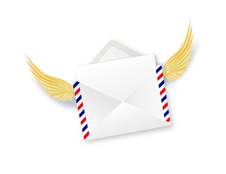 Paper envelope with golden angel wings. Letters Be my Valentine. White envelope with wings. Realistic 3d design congratulations mail, falling envelope. Vectorのイラスト素材