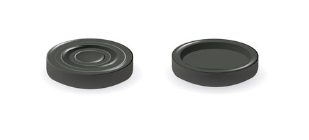 Black checkers chips. 3d realistic round badge with circle convex lines on surface and shadow to play on checkerboard. Vectorのイラスト素材