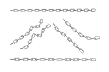 Free metal chain with whole or break steel chrome links. Collection of seamless metal chains colored silver. Vectorのイラスト素材