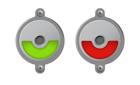 Toilet or restroom locks green and red round metal isolated on white. Occupied and Free. Regular public restroom door mechanism indicating. Vectorのイラスト素材