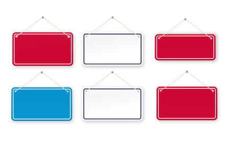 Red and blue shop door signs hanging isolated . Empty or blank sign for store, restaurant or cafe. Vector illustrationのイラスト素材