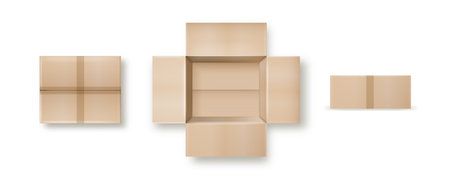 Box. Empty open and closed cardboard box. Realistic cardboard box mockup set from side, front and top view open and closed isolated on white background. Parcel packaging template. Vectorのイラスト素材