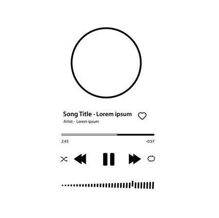 Music player Song plaque with buttons loading bar equalizer sign sound wave and frame for album photo. Trendy music player interface . Vectorのイラスト素材