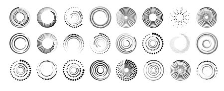 Halftone circular dotted frames set. Set of black thick halftone dotted speed lines. Speed lines in circle form. Geometric art. Vectorのイラスト素材