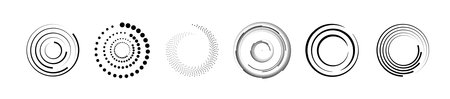 Halftone circular dotted frames set. Set of black thick halftone dotted speed lines. Speed lines in circle form. Geometric art. Vectorのイラスト素材