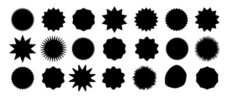 Starburst speech bubbles. Starburst, black price sticker sunburst icons. Black Sunburst. Flat vintage price tag stickers.Vectorのイラスト素材