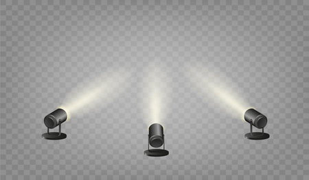 Spotlights set, stage and studio light, realistic hanging lamps. Spot lights and searchlights for concert. Vectorのイラスト素材