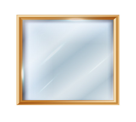 Realistic mirror with reflection on glass. Geometric mirror with frame. Reflective glass surfaces. 3d template design for interior decor.のイラスト素材