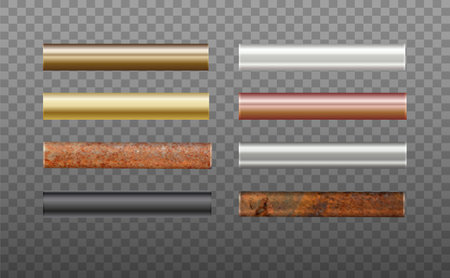 Pipes Set of metal. Pipe profiles in steel, cast iron, aluminum, copper and brass. Rusty Pipe. Vectorのイラスト素材