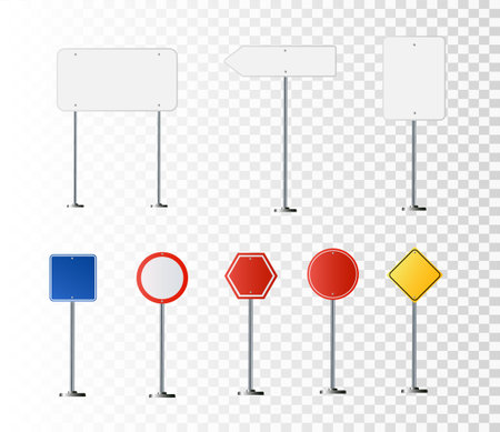 Road, traffic signs. Highway signboard on metal pole. Blank white board with place for text. Directional signage and way finder. information sign vector mockup.のイラスト素材