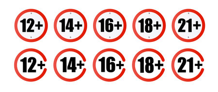 Age limit sign set. Adults content only age restriction. Censure warning age plus. Vector .