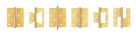 Golden door hinges construction hardware. Realistic set of gold tools for joint gates and windows. metal hinges for house and furniture. vectorのイラスト素材