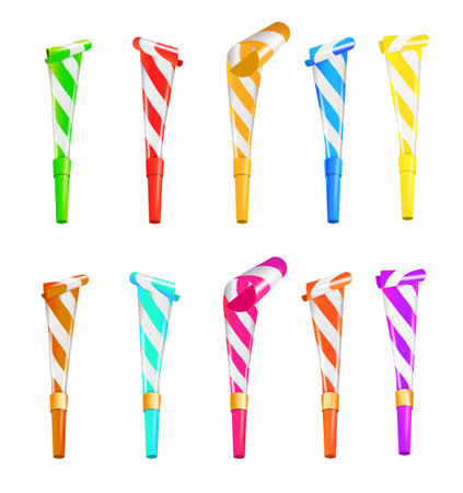 Color Party Blower Whistles Set of Celebration Happy Party. Realistic Detailed 3d. Vectorのイラスト素材