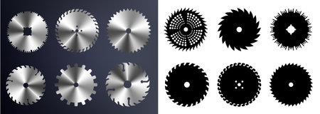 Circular saw blade. Round carpentry tool icons. Industrial rotary wheels.Vectorのイラスト素材