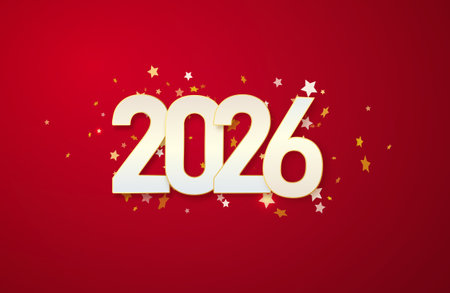 2026 gold metal number for New Year . Festive Christmas banner with falling confetti on bright background. Realistic Golden 3d number. Vectorのイラスト素材