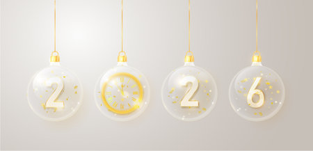 2026 gold metal number for New Year . Festive Christmas banner with falling confetti on bright...